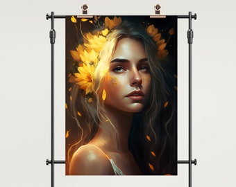 Arte digital de IA | Baixar Projeto | Retrato | Pôster | Impressão digital | Flores | Ouro e Luz
