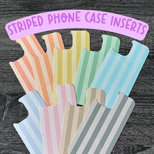 May include: A set of ten striped phone case inserts in various colors, including orange, yellow, green, blue, pink, and gray. The inserts are designed to fit inside a phone case and add a pop of color and style.