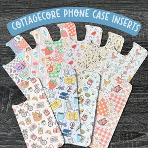 May include: A set of ten phone case inserts featuring cottagecore designs. The designs include strawberries, bicycles, books, birds, and flowers. The inserts are printed on white cardstock and are ready to be cut out and used.