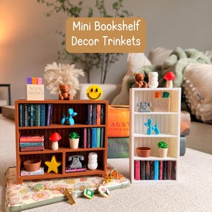 May include: Miniature bookshelves with decor trinkets. One brown bookshelf and one white bookshelf are filled with tiny books, a smiley face, a teddy bear, a balloon dog, a mushroom, a telephone, and a star. The text "Mini Bookshelf Decor Trinkets" is in the image.