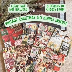 May include: A collection of vintage Christmas-themed Kindle inserts. The inserts feature various designs with festive imagery, including Santa Claus, reindeer, Christmas trees, and holiday greetings. The text on the inserts reads "Vintage Christmas 2.0 Kindle Inserts".