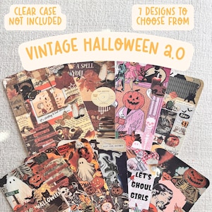 May include: A collection of vintage Halloween-themed designs. The designs feature a collage of spooky images, including ghosts, pumpkins, skeletons, and text that reads "Vintage Halloween 2.0" and "Let's Ghoul Girls". Seven designs are available.