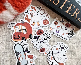 Spooky Silly Goose Halloween Sticker Pack Water‑Resistant Vinyl Stickers Cute Funny Goose Fall Halloween Decals for Laptop Journal & Kindle