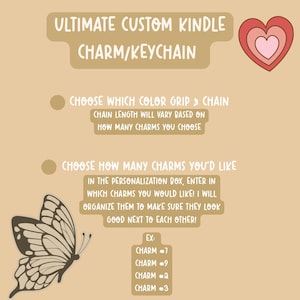 May include: A beige graphic with text promoting custom Kindle charms and keychains. The design includes a butterfly illustration, a heart graphic, and instructions for personalization, including choosing grip color, chain, and charms.