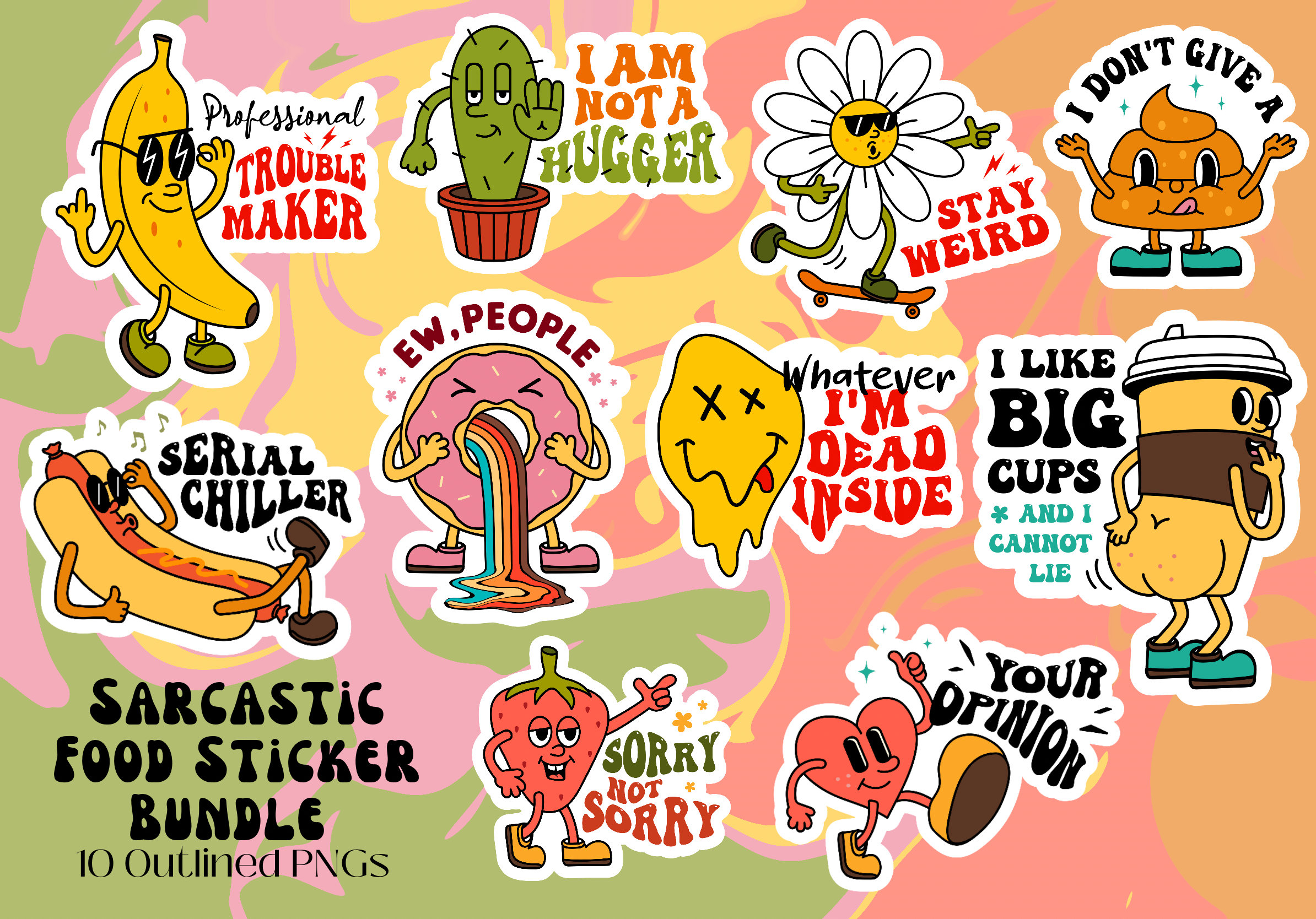 Funny Sarcastic Food Pun Stickers: Digital PNG Bundle