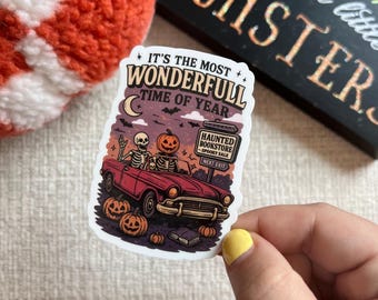 Pegatina de librería embrujada/Pegatinas de Halloween vintage/Pegatinas de Halloween retro/Pegatinas de Halloween de libros/Pegatinas de temporada espeluznante/Calabaza esquelética