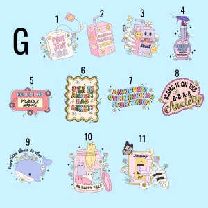 May include: A set of 11 colorful stickers with various designs and text related to anxiety. The stickers feature phrases like "Mental Health Juice", "Anxiety Spray", "Hello I Am Probably Anxious", "Even My Anxiety Has Anxiety", "Anxiously Overthinking Everything", "Blames It On The A-A-A-A Anxiety", "Everything's Whale Be Okay", "My Happy Pills", and "Anxiety Off".