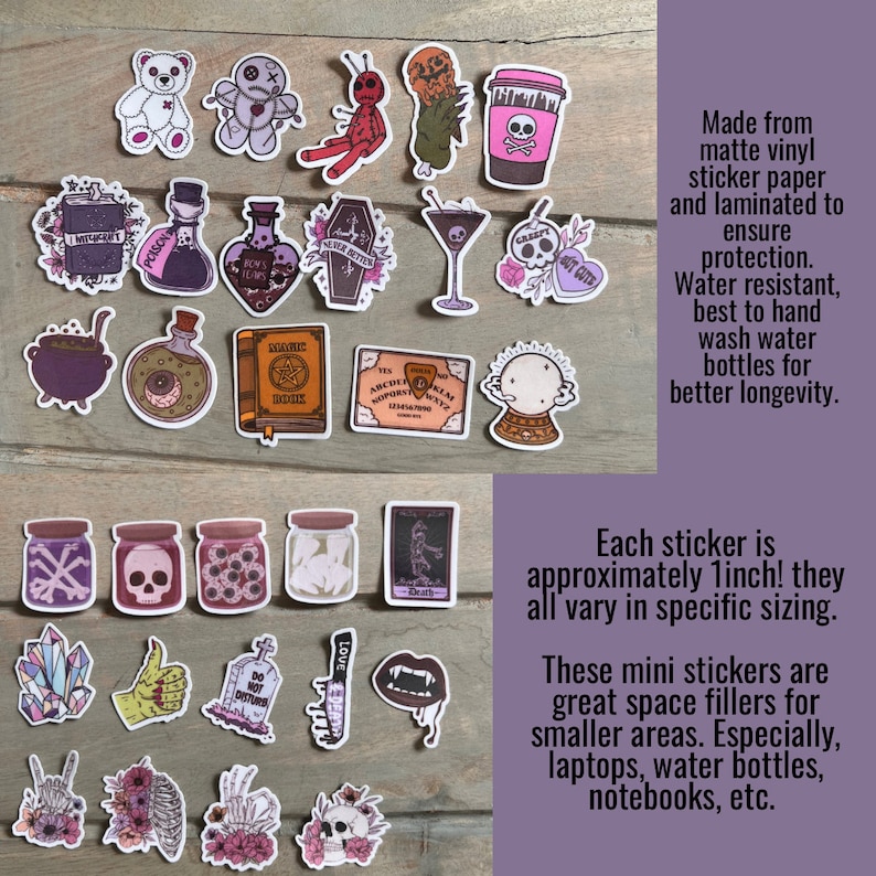 Peut inclure: Un ensemble de 20 autocollants effrayants et mignons pr&eacute;sentant divers motifs, notamment un ours en peluche, une poup&eacute;e vaudou, une fiole de potion, un chaudron, un planchette Ouija, un cr&acirc;ne, un cristal et une pierre tombale. Les autocollants mesurent environ 2,5 cm et sont parfaits pour ajouter une touche de fantaisie aux ordinateurs portables, aux bouteilles d'eau, aux carnets et autres surfaces.