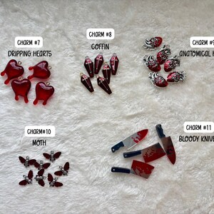 May include: A collection of charms with a gothic theme. Includes red dripping hearts, coffin shapes, anatomical hearts, moth shapes, and bloody knives. Each charm is detailed and has a unique design.