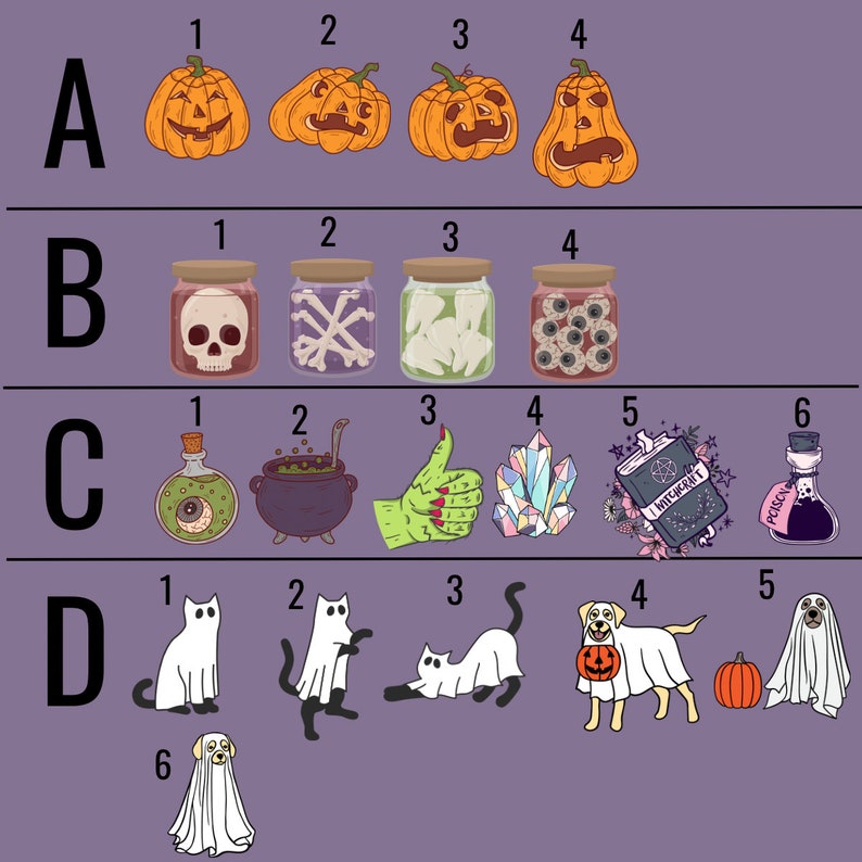 Peut inclure: Un ensemble de quatre images sur le th&egrave;me d'Halloween. La premi&egrave;re image est une citrouille sculpt&eacute;e avec un visage. La deuxi&egrave;me image est un bocal avec un cr&acirc;ne &agrave; l'int&eacute;rieur. La troisi&egrave;me image est un chaudron avec une potion verte &agrave; l'int&eacute;rieur. La quatri&egrave;me image est un fant&ocirc;me avec un chat noir.