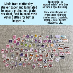 May include: A collection of 50+ colorful and quirky stickers featuring various designs, including animals, food, and phrases. The stickers are approximately 1 inch in size and are perfect for adding a personal touch to laptops, water bottles, and notebooks.