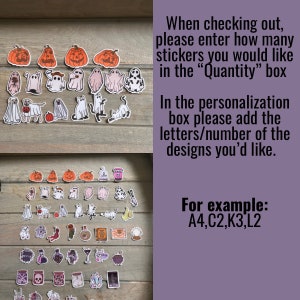 Peut inclure: Une collection d'autocollants sur le th&egrave;me d'Halloween avec des citrouilles, des fant&ocirc;mes, des chats et d'autres motifs effrayants. L'image comprend des instructions de commande, y compris comment sp&eacute;cifier la quantit&eacute; et les motifs sp&eacute;cifiques que vous souhaitez.