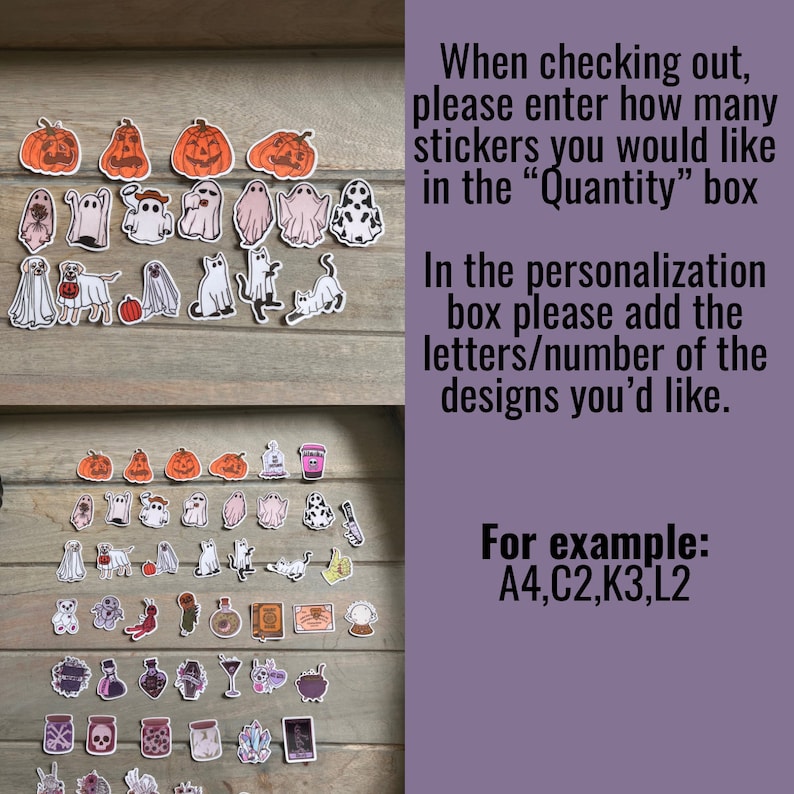 Peut inclure: Une collection d'autocollants sur le th&egrave;me d'Halloween avec des citrouilles, des fant&ocirc;mes, des chats et d'autres motifs effrayants. L'image comprend des instructions de commande, y compris comment sp&eacute;cifier la quantit&eacute; et les motifs sp&eacute;cifiques que vous souhaitez.