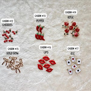 May include: A collection of charms with various designs, including cherries, peppers, roses, gold bows, red lips, and playing card aces. Each charm is labeled with a number and a descriptive word. The charms are arranged on a white, textured surface.