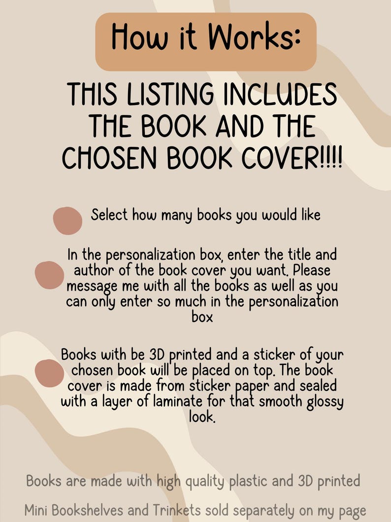 May include: A beige graphic with the text "How it Works:" and instructions for ordering books. The listing includes the book and chosen cover. Books are 3D printed with a sticker cover and sealed with laminate.
