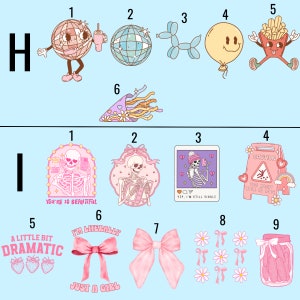 May include: A set of 9 colorful stickers featuring various designs, including a disco ball, a balloon, a smiley face, a skeleton, a bow, and a jar of pickles. The stickers are perfect for adding a touch of whimsy to your belongings.