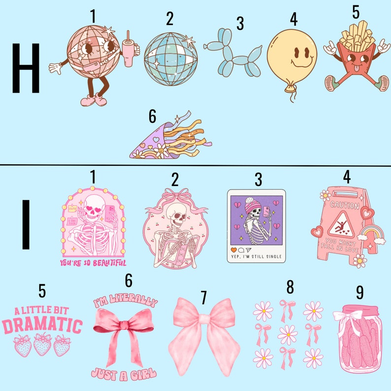May include: A set of 9 colorful stickers featuring various designs, including a disco ball, a balloon, a smiley face, a skeleton, a bow, and a jar of pickles. The stickers are perfect for adding a touch of whimsy to your belongings.