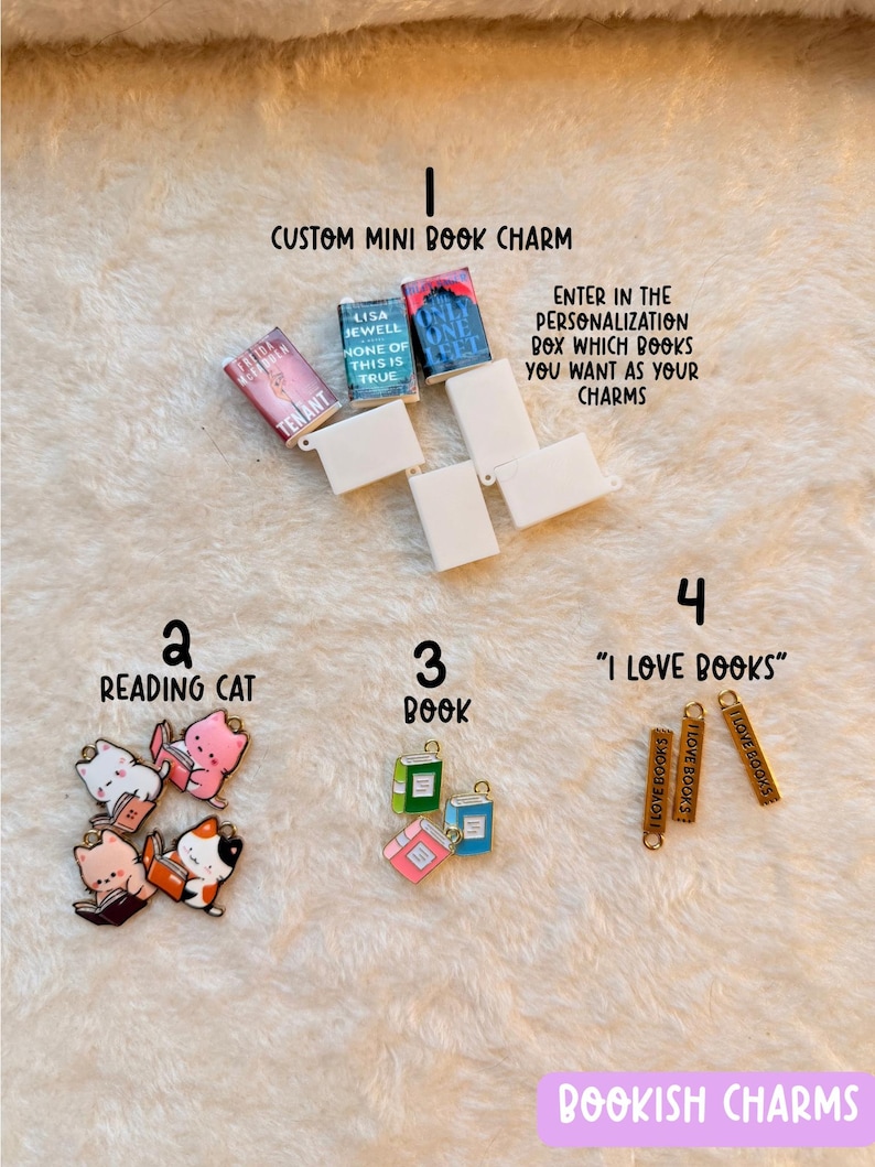 May include: A collection of book-themed charms, including miniature book charms, reading cat charms, and charms with the text "I Love Books." The image also features the text "Custom Mini Book Charm."