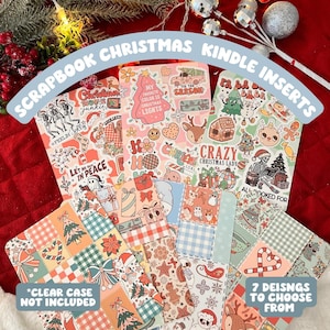 May include: A set of seven Christmas-themed Kindle inserts featuring various designs with a patchwork pattern, a Christmas tree, a snowman, a candy cane, and a reindeer. The text "SCRAPBOOK CHRISTMAS KINDLE INSERTS" is at the top of the image. The text "7 DESIGNS TO CHOOSE FROM" is at the bottom of the image.