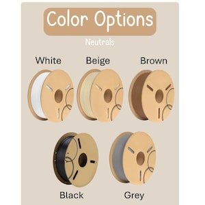 以下が含まれることがあります： 「Neutrals」とラベル付けされた3Dプリンター用フィラメントスプールのカラーオプション表。白、ベージュ、茶色、黒、灰色のフィラメントが巻かれた5つの段ボール製スプールが表示されています。各スプールには中央の穴と3つのスロットがあります。