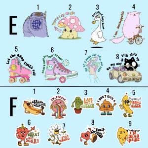 May include: A set of 18 colorful stickers featuring various designs and phrases. The stickers include a mushroom, a goose, a cat, roller skates, a shoe, a cactus, a hot dog, a donut, a banana, a strawberry, a daisy, and a heart. The stickers are perfect for adding a touch of personality to laptops, water bottles, journals, and more.