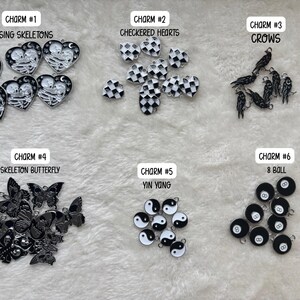 May include: A collection of charms with various designs, including kissing skeletons, checkered hearts, crows, skeleton butterflies, yin yang symbols, and 8-ball designs. Each charm is labeled with a number and a descriptive title.