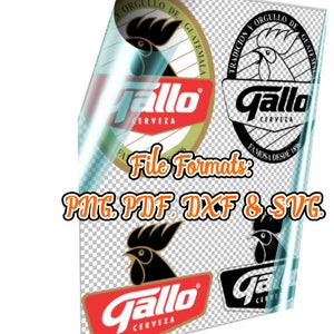 May include: A black and white logo for Gallo Beer, featuring a rooster with the text "Gallo Cerveza" in a circle. The logo is on a transparent background. The text "File Formats: PNG, PDF, DXF & SVG" is also visible.