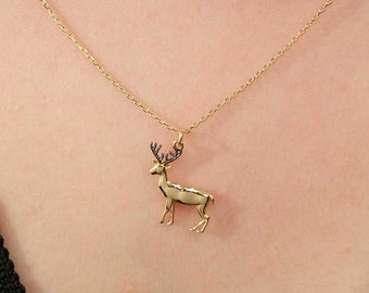 Collar de ciervo de oro macizo de 14k, joyería empoderadora, regalo de aliento, regeneración, regalo de Navidad