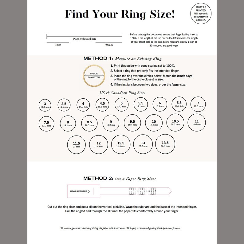 Medidor de anillos imprimible, descarga instantánea, encuentre el tamaño de su anillo, tabla de conversión de tamaños de anillos imagen 1
