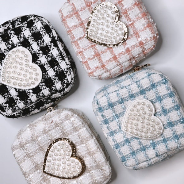 Pearl Heart Tweed Mini cosmetic bag/travel accessories/bridesmaids gifts/galentine gift