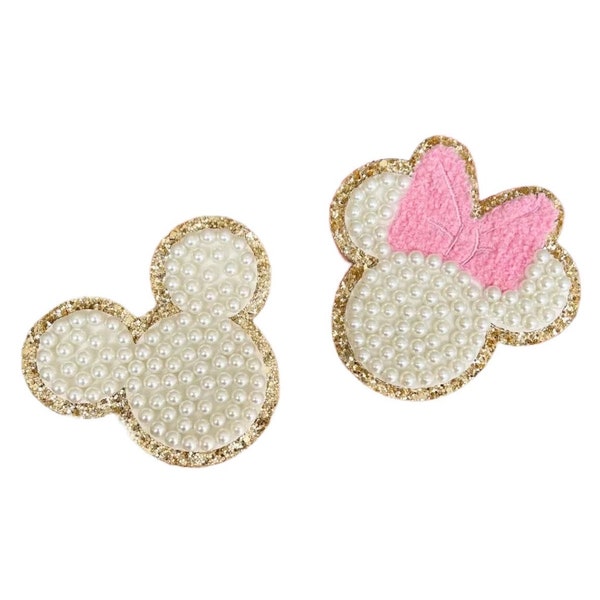 4 inch/ 2.5 inch Mickey/Minnie Mouse pearl beaded glitter patch, self-adhesive-3M