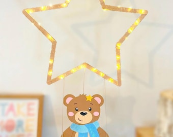 Winter window picture_Teddy bear on star swing PDF/SVG craft template for Christmas and winter_Crafts with children