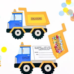 Baustellen Einladung Bastelvorlage/Druckvorlage/Plotterdatei_Einladungskarten_Kindergeburtstag_Baustellenfahrzeug_Vorlage zum Drucken_Kipper