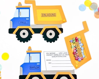 Plantilla para invitaciones de obras de construcción (para imprimir/archivo para plotter)_Tarjetas de invitación_Fiesta de cumpleaños infantil_Vehículo de construcción_Plantilla imprimible_Camión volquete