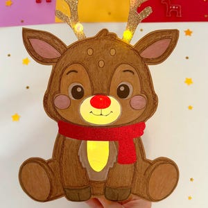 May include: A brown, cartoon-style reindeer decoration with a red scarf and a glowing yellow belly and nose. The reindeer has glittery antlers with small lights. The image includes gingerbread men and star-shaped confetti, suggesting a Christmas theme.