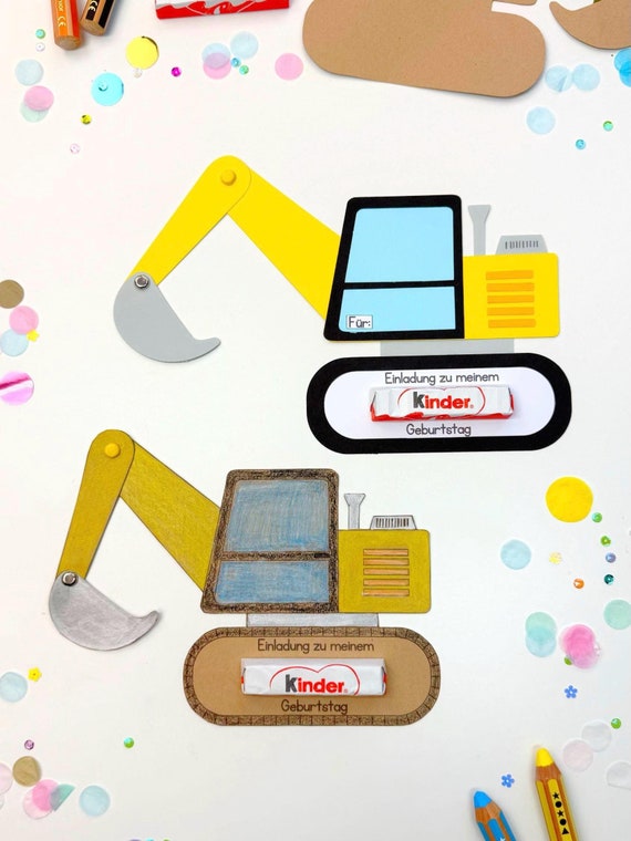 Bagger Einladung A4 PDF/SVG/DXF Plotterdatei_Einladungskarten mit Kinderschokolade_Kindergeburtstag_Bastelvorlage_Baustellen Geburtstag