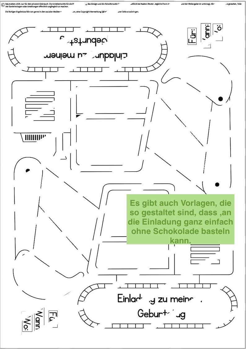 Puede incluir: Plantilla de invitaci&oacute;n de cumplea&ntilde;os imprimible en blanco y negro con un dise&ntilde;o que parece un laberinto. El texto dice "Einladung zu meiner Geburtstag". Tambi&eacute;n se incluye el texto "Es gibt auch Vorlagen, die so gestaltet sind, dass, an die Einladung ganz einfach ohne Schokolade basteln kann."