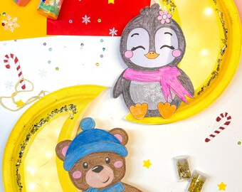 Plantilla para manualidades de pingüinos y ositos de peluche para ventanas_4 diseños_Plantilla imprimible (PDF)_Adhesivo para ventanas_Manualidades para niños_Farolillo sencillo para niños pequeños