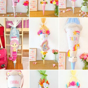Puede incluir: Una colecci&oacute;n de conos de papel decorados y coloridos, probablemente para una celebraci&oacute;n escolar. Cada cono presenta un dise&ntilde;o &uacute;nico, incluyendo unicornios, hadas y nombres personalizados como Marie, Emma y Noah. Est&aacute;n adornados con flores y cintas.