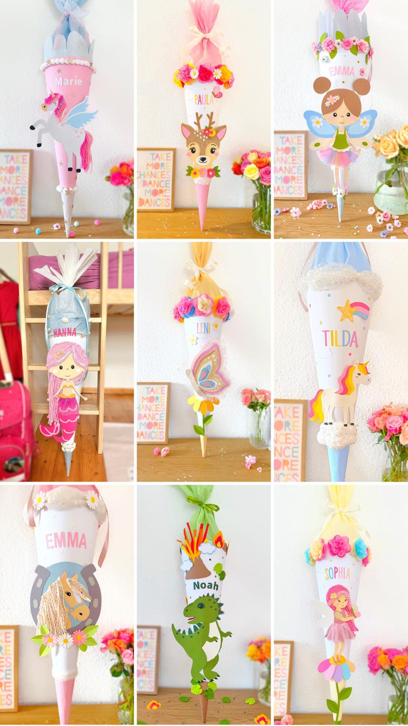 Puede incluir: Una colecci&oacute;n de conos de papel decorados y coloridos, probablemente para una celebraci&oacute;n escolar. Cada cono presenta un dise&ntilde;o &uacute;nico, incluyendo unicornios, hadas y nombres personalizados como Marie, Emma y Noah. Est&aacute;n adornados con flores y cintas.