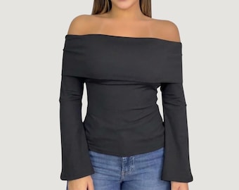 Ribbed Off-Shoulder Bell Sleeve Top: Slim Fit Blouse