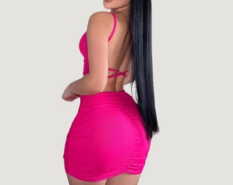 Ruched Backless Mini Dress: Ribbed Bodycon, Fully Lined
