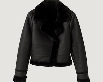 Faux Leather Cropped Bomber Jacket with Black Faux Fur Trim, Shearling Cuffs, and Silver Zipper