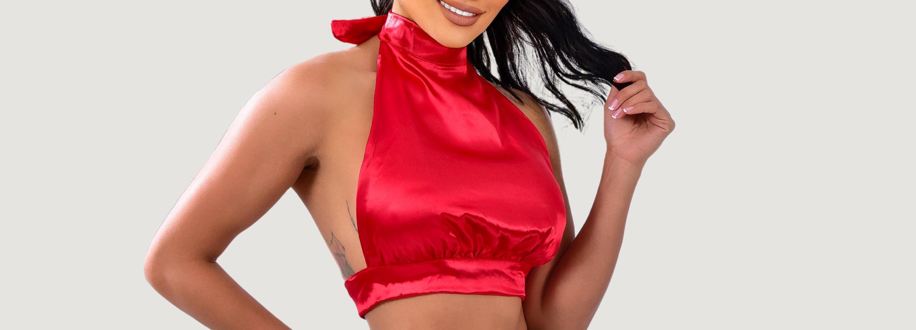 Halter top in Soft Satin With Lined Interior and a Backless Design for a Flirty Feminine Look