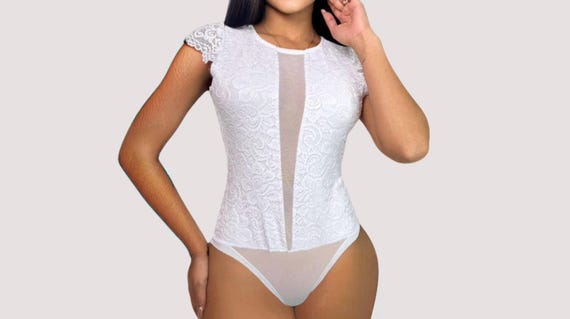 Lace Bridal Bodysuit with a Deep Plunge, Sheer Mesh & Elegant Lace Details—A Sultry and Sophisticated Look for Your Special Day.