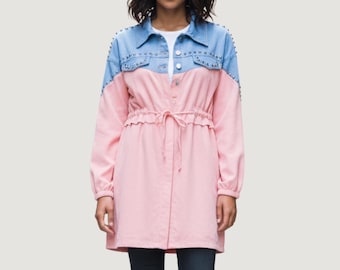 Trendsetting Fusion: Mixed Denim Parka for Women.