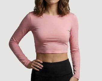 Langarm Crop Top, U-Boot-Ausschnitt Spandex-Mischung