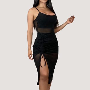 See Through Night Dress with Shiny Mesh, Leg Slit, and Sexy Appeal.