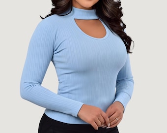 Women Blouse in Spandex Rib with Moc-Neck, Fitted Long Sleeves, and Chic Keyhole Cutout Mesh for a Modern Look