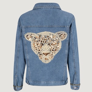 Embroidered Denim Jacket with Handcrafted Golden Tiger Details—A One-of-a-Kind Statement Piece with Unique Meaning for Your Wardrobe.